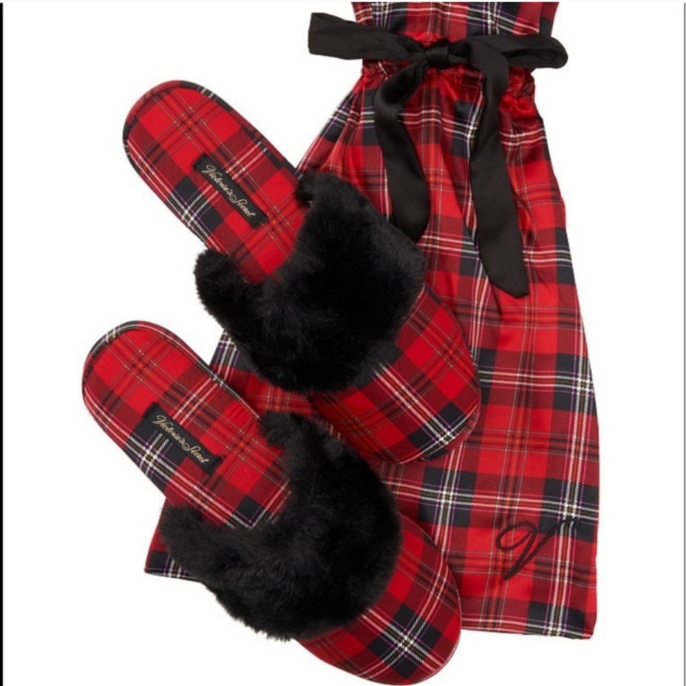 Victoria's secret Red plaid satin slippers with Black Faux Faur Trim